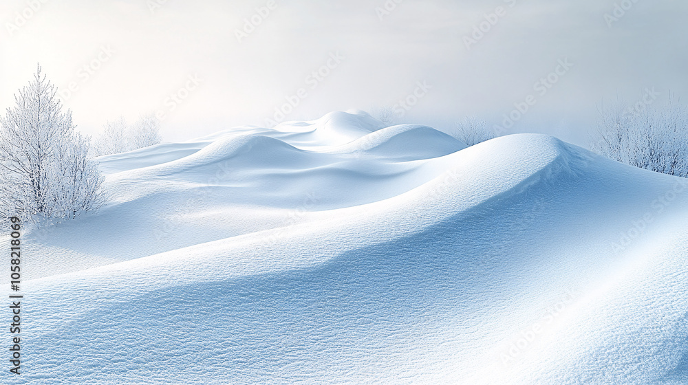 Obraz premium A serene snowy landscape with gentle undulating snow drifts and a minimalist style, creating a tranquil and peaceful atmosphere. Perfect for winter-themed designs and snowy holiday promotions.