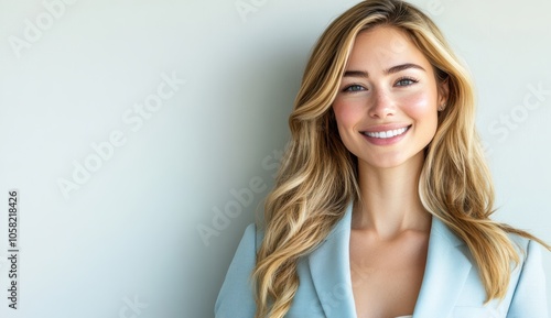 A confident blonde businesswoman in a blue suit beams warmly against a clean blue background, highlighting her professional image.