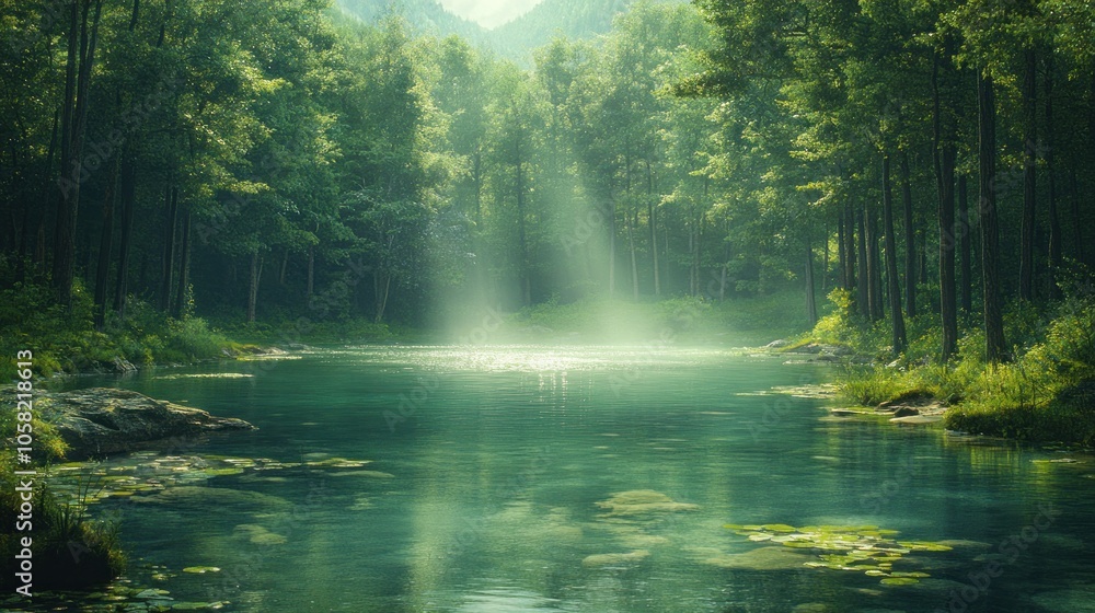 Serene forest landscape with tranquil water and soft sunlight. Serene forest landscape with tranquil water and soft sunlight.
