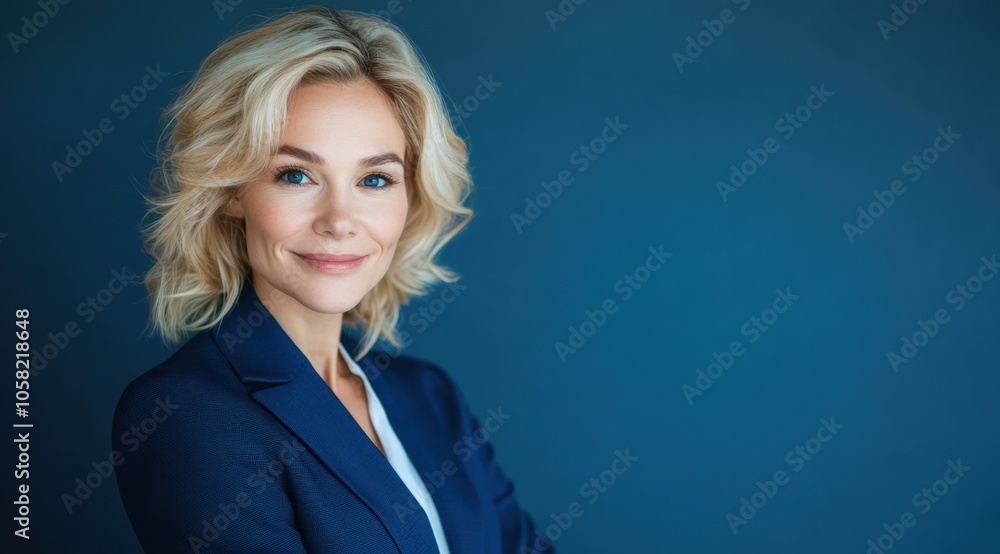 A confident blonde businesswoman in a blue suit beams warmly against a clean blue background, highlighting her professional image. A confident blonde businesswoman in a blue suit beams warmly against a clean blue background, highlighting her professional image.