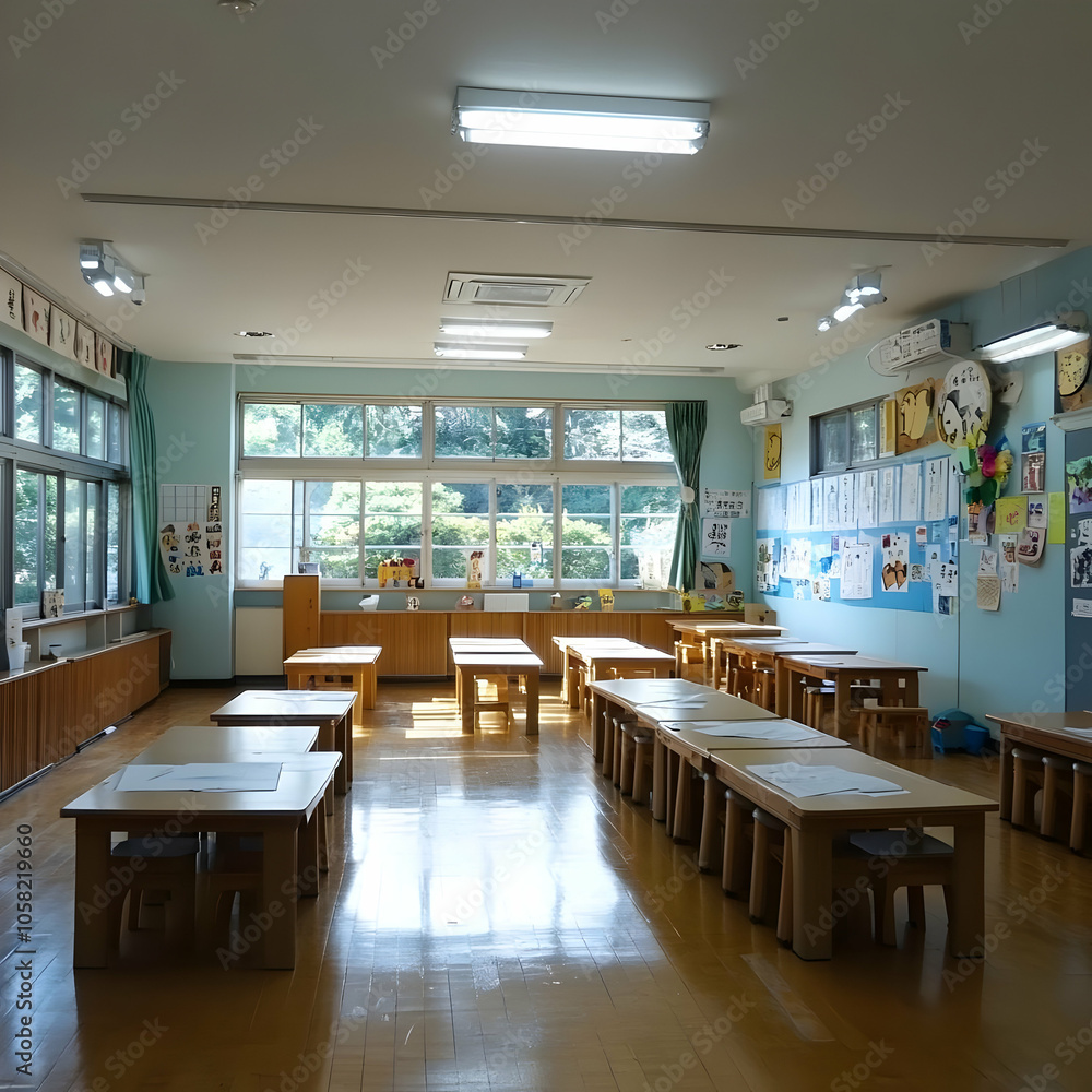 Empty Classroom Photo with Sunlight Streaming Through Windows Empty Classroom Photo with Sunlight Streaming Through Windows