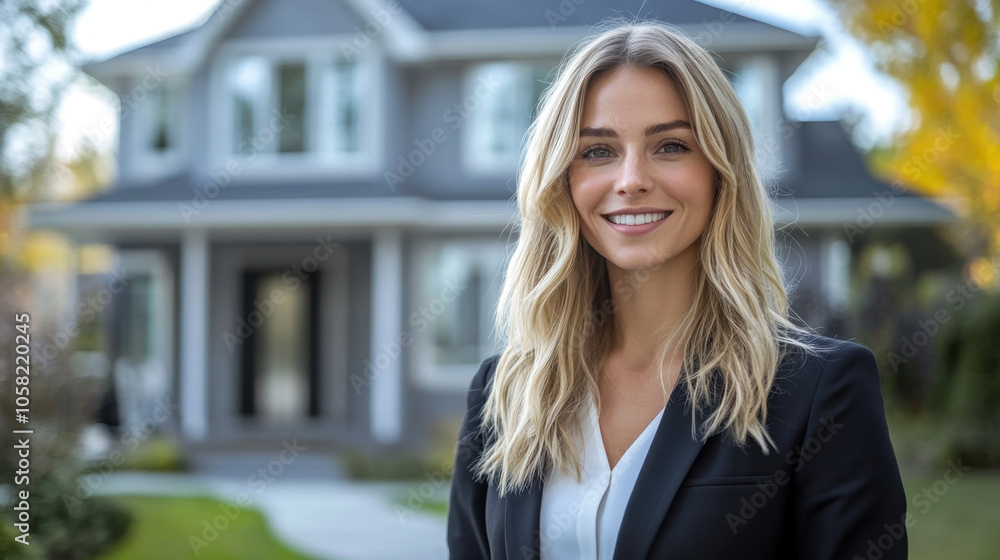 Fototapeta premium confident saleswoman with blond hair stands in front of modern house, showcasing her professionalism and approachability. vibrant surroundings enhance welcoming atmosphere