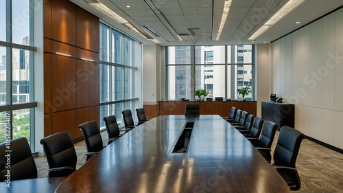 A conference room with a desk and a wall of windows, a modern office interior photo