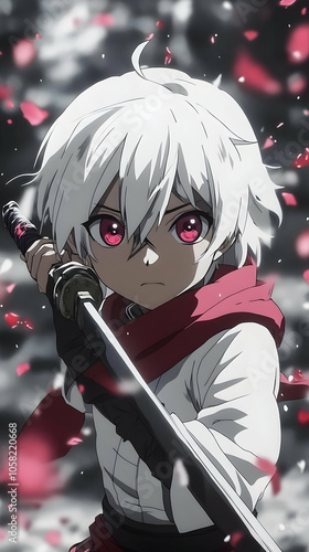 Anime Illustration - White-Haired Swordsman with Red Eyes photo