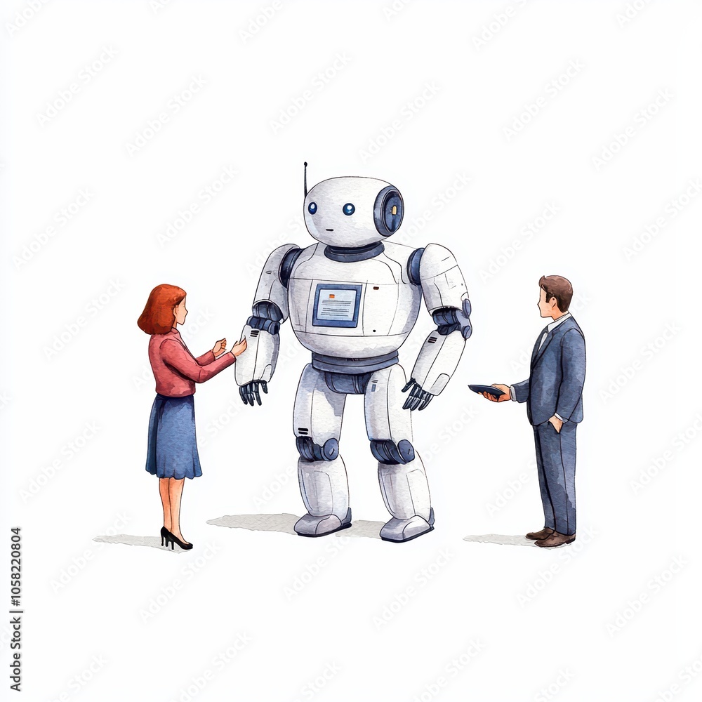 A humanoid robot interacting with a man and a woman in a professional setting, white isolate background. A humanoid robot interacting with a man and a woman in a professional setting, white isolate background.
