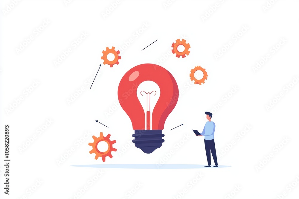 A man standing with a tablet, surrounded by gears and a large light bulb symbolizing ideas and innovation. A man standing with a tablet, surrounded by gears and a large light bulb symbolizing ideas and innovation.