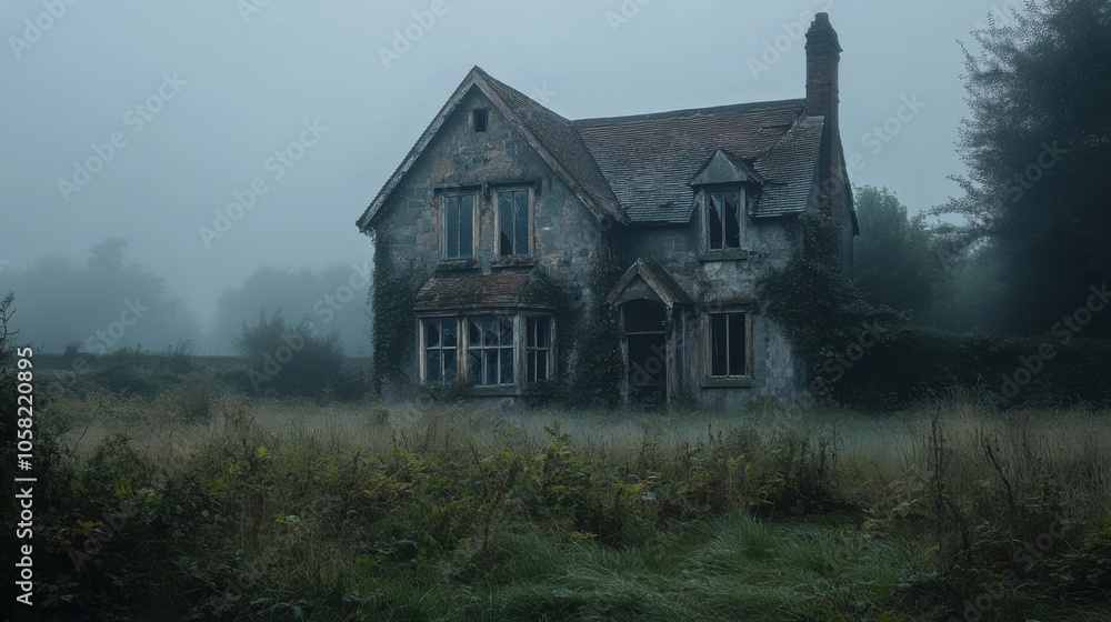A creepy abandoned house with broken windows A creepy abandoned house with broken windows