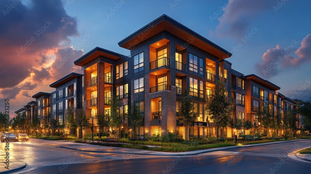 Modern apartment complex at dusk with illuminated windows. Modern apartment complex at dusk with illuminated windows.