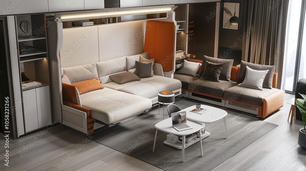 Contemporary studio apartment with multi-functional furniture, a ...