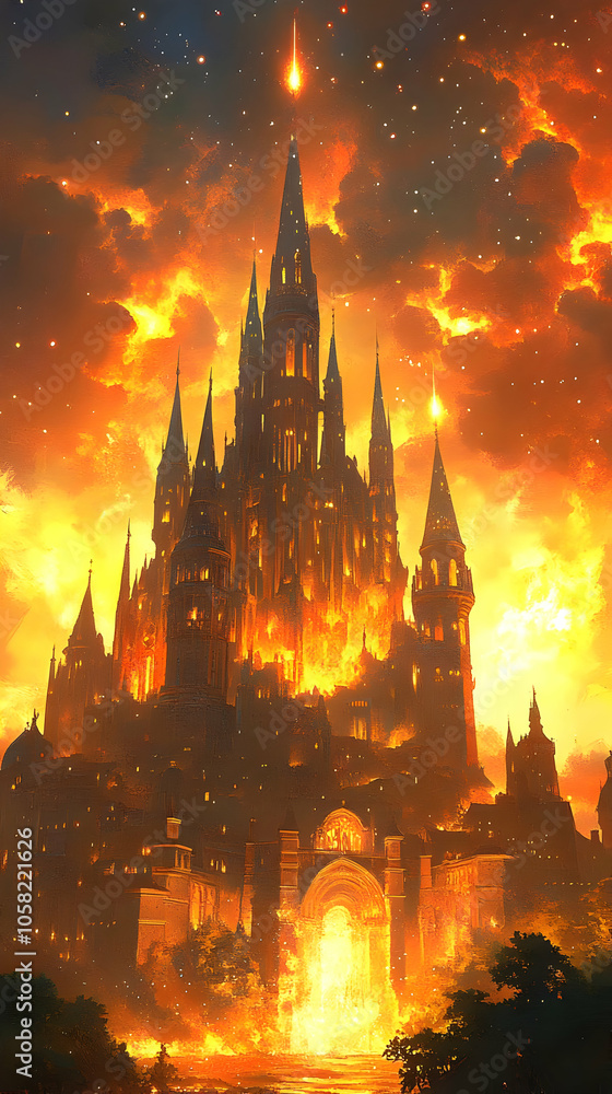 Gothic Castle Illustration Fire Fantasy Night Sky Gothic Castle Illustration Fire Fantasy Night Sky