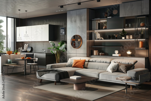 Contemporary studio apartment with multi-functional furniture, a modular sofa, and a foldable dining table for a stylish yet practical layout. interior design concept  photo