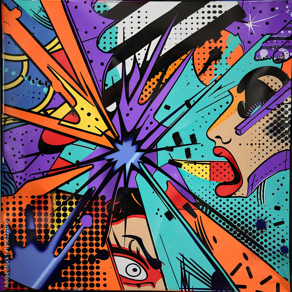 Fototapeta premium Bold Pop Art with Comic Explosions, Color Blocks, and Layered Cartoon Faces