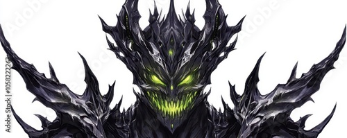 A striking fantasy character with sleek black armor and glowing green eyes, capturing an evil yet captivating essence.