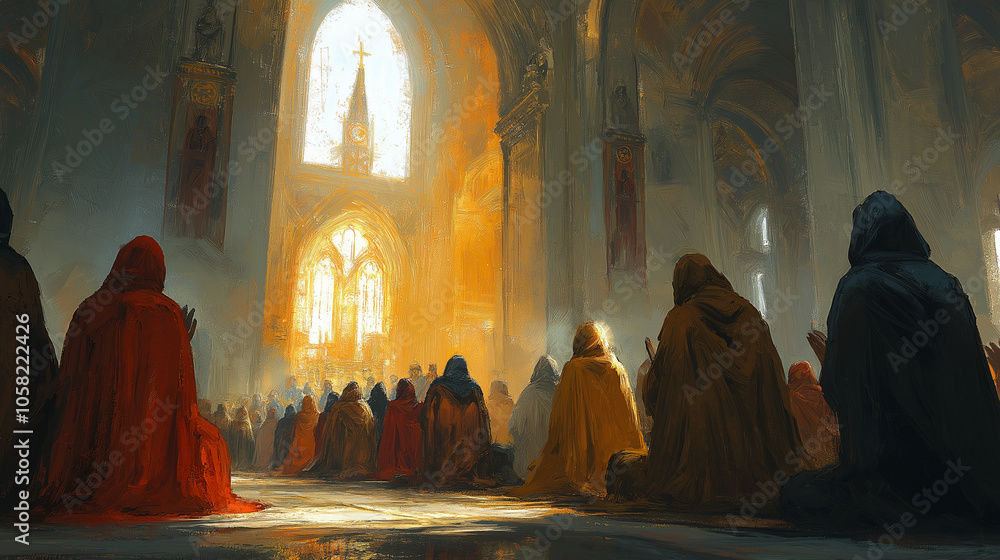 Pilgrims Kneeling in Prayer in Church, All Saints' Day, illustration, All Saints' Day picture, Pilgrims Kneeling in Prayer in Church, All Saints' Day, illustration, All Saints' Day picture,