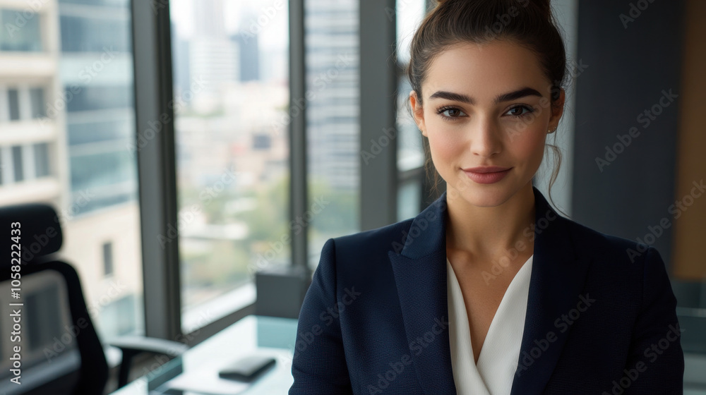 Confident woman in business suit standing in modern office with city view. She exudes professionalism and poise, ready to take on challenges Confident woman in business suit standing in modern office with city view. She exudes professionalism and poise, ready to take on challenges