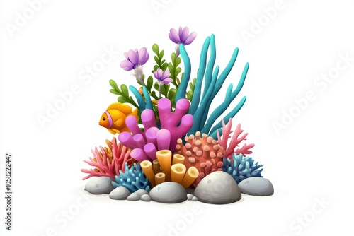 Colorful coral reef with various marine plants, fish, and stones on a white isolated background. photo