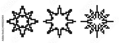 Pixelated stars and snowflakes element set. Black 8-bit pixel art collection. Retro binary sparkle, shine, burst, glitter geometric form pack. Y2K style pixel icon bundle. Vector illustration