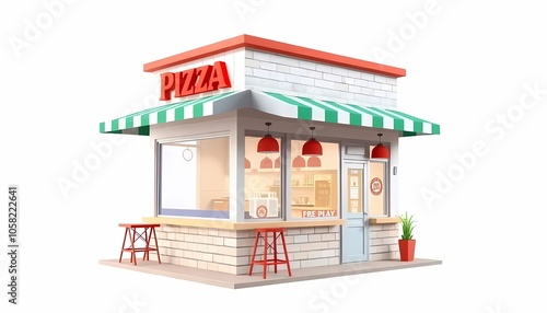 3D Side View of Pizza Shop on white Background