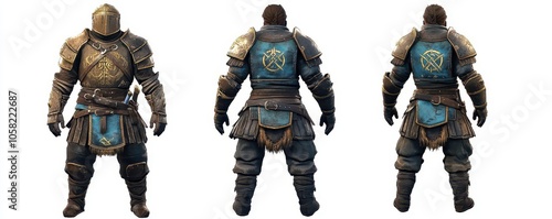 Imposing knight character design showcasing detailed armor from multiple angles, suitable for fantasy and gaming themes.