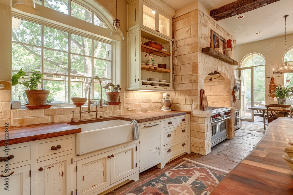 Farmhouse-style kitchen with open shelving, rustic wood countertops, and a large farmhouse sink, exuding warmth and charm. Farmhouse-style kitchen with open shelving, rustic wood countertops, and a large farmhouse sink, exuding warmth and charm.