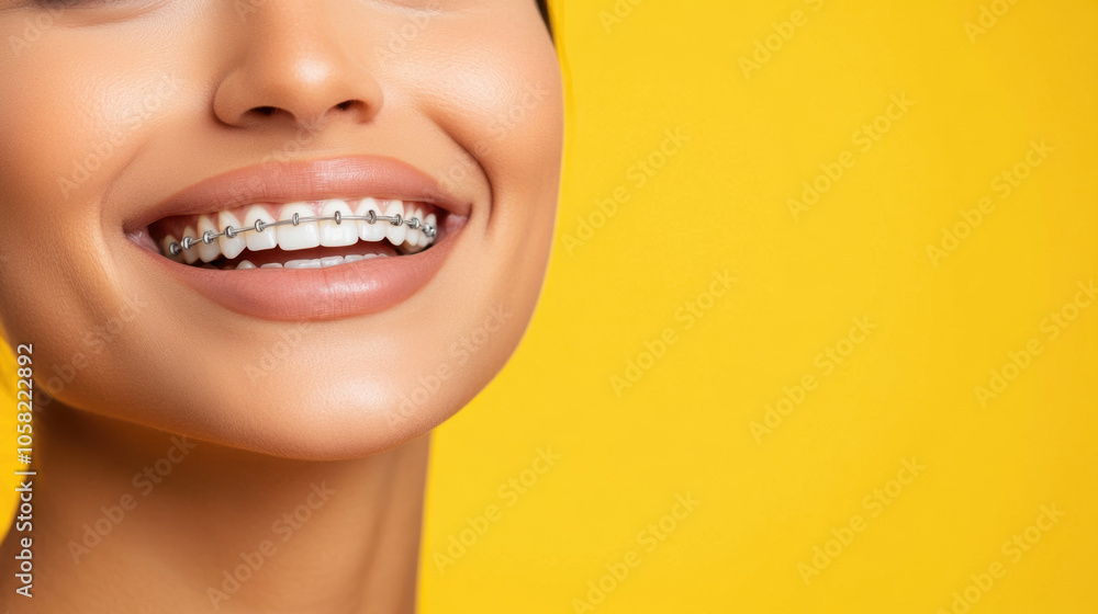 Obraz premium bright smile with braces showcases confidence and joy against vibrant yellow background. This captures essence of youthful happiness and dental care