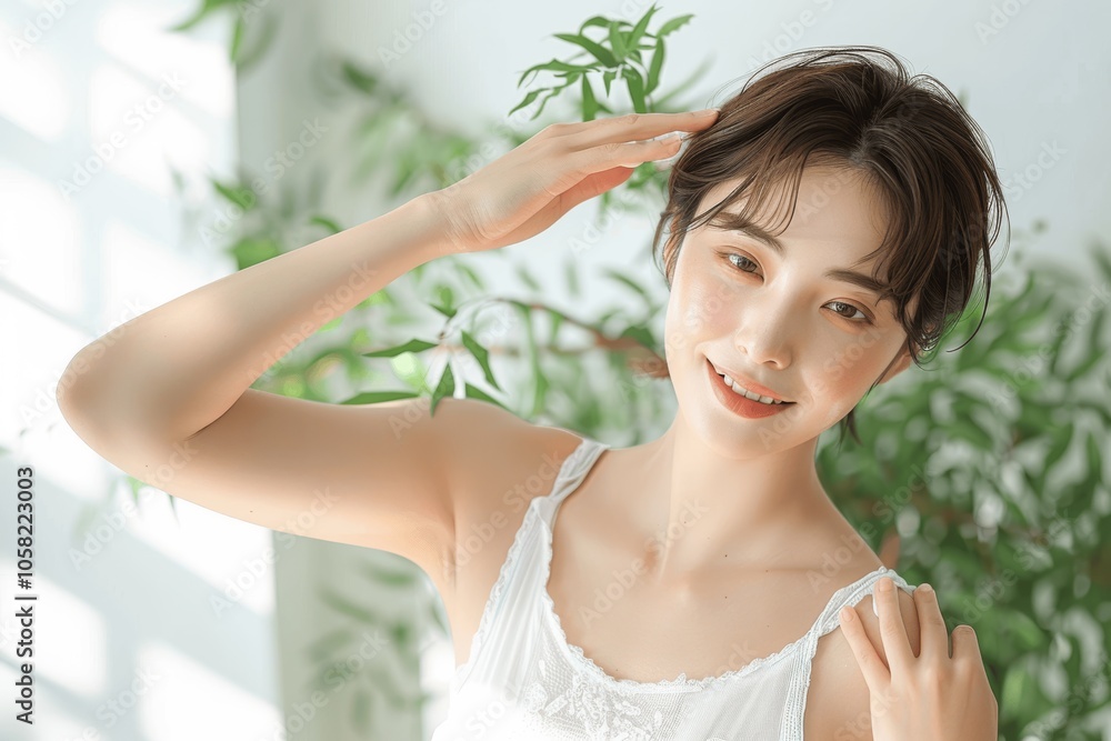Japanese woman applying cream with happy expression in a skincare concept Japanese woman applying cream with happy expression in a skincare concept