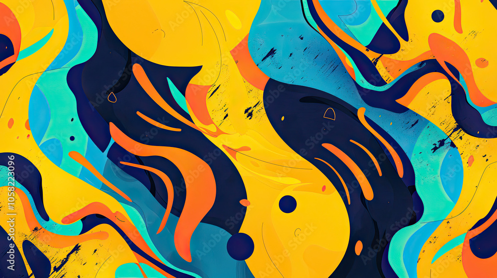 Dynamic Abstract Pop Art with Neon Colors and Textured Ink Swirl Background