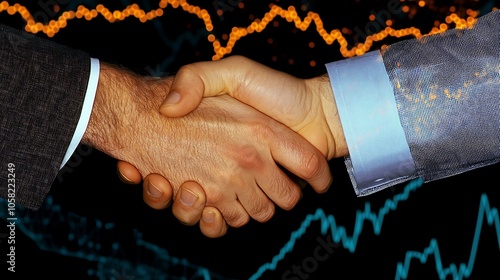 Closeup shot of the hands of two successful business executives coming together in a handshake, superimposed against a backdrop of a dynamic and upwardtrending stock chart projection photo