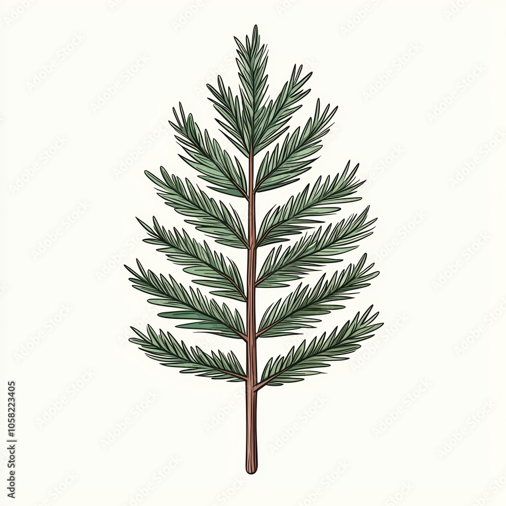 Detailed illustration of a pine branch with green needles on a white background. Detailed illustration of a pine branch with green needles on a white background.