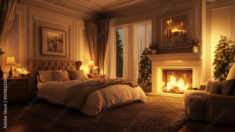 A dream bedroom in ultra-realistic detail, with a fireplace, A dream bedroom in ultra-realistic detail, with a fireplace,