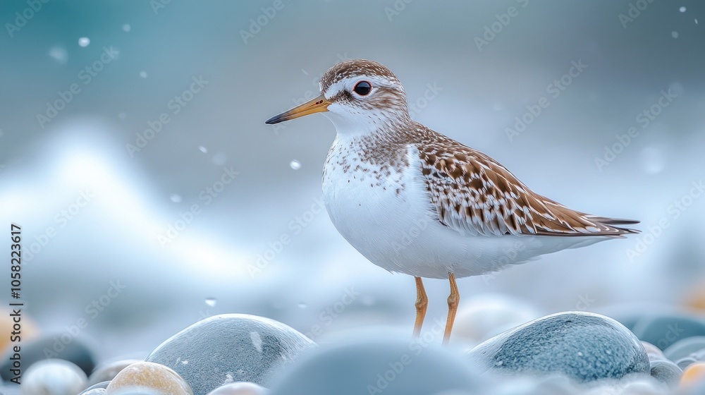 A shorebird stands on pebbles near the ocean, surrounded by waves. A shorebird stands on pebbles near the ocean, surrounded by waves.