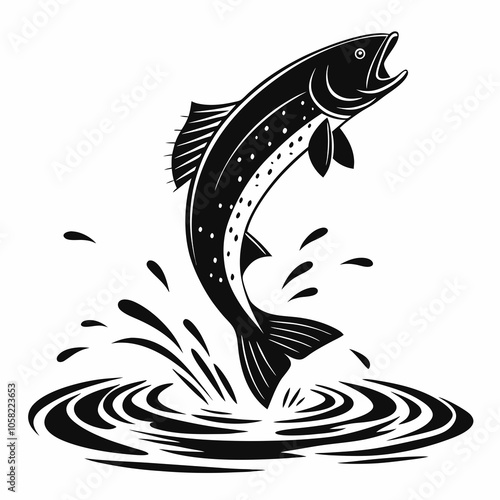 silhouette-a-fish-jumping-out-of-the-water.Leaping fish. Vector Shark Silhouette.Tuna fish jumping out of the water - cut out vector icon.Large Sport Fish Silhouette Set.Trout & Salmon Fishing Icons.