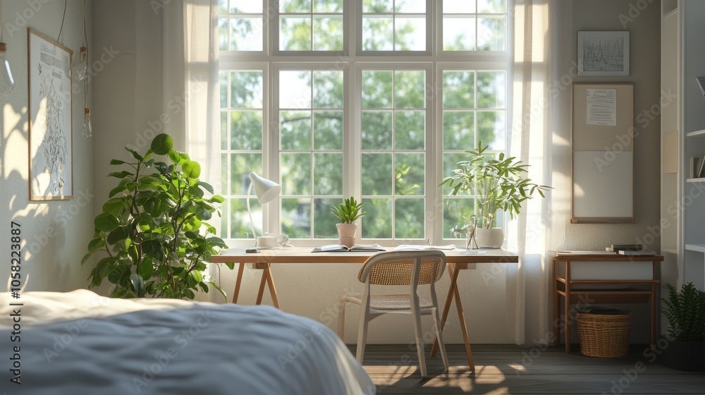 Fototapeta premium A serene workspace with a desk, plants, and large windows letting in natural light.