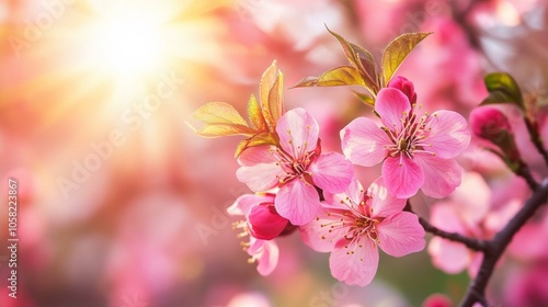 Pink cherry blossom flowers on branch, sunlight filtering through petals, creating soft, warm glow.