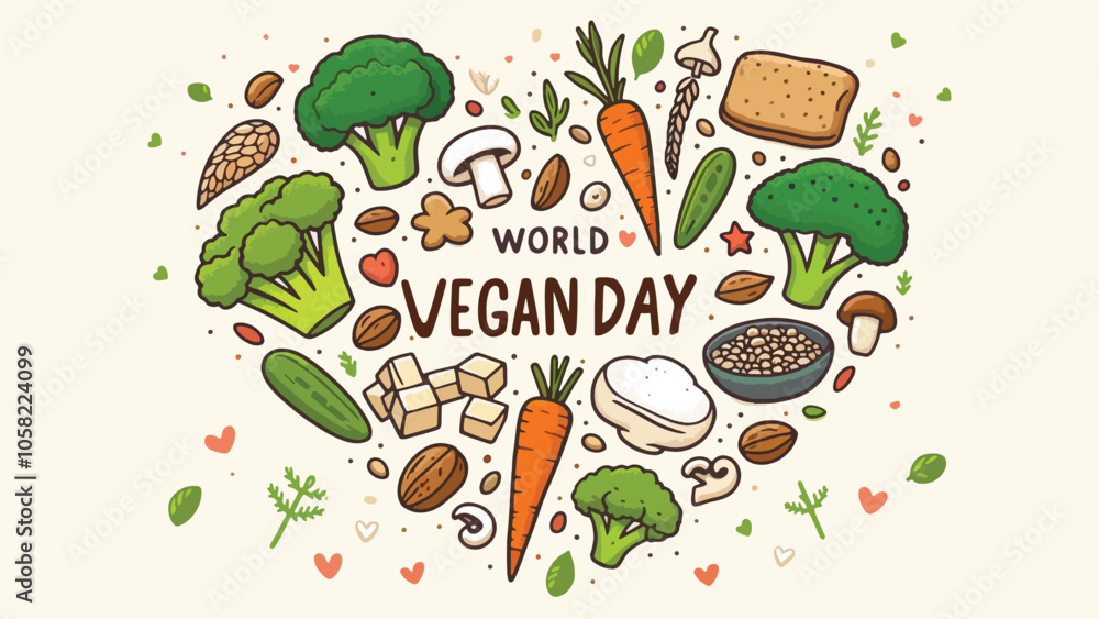 various plant-based foods arranged in the shape of a heart. Items include broccoli, tofu, carrots, mushrooms, nuts, and grains various plant-based foods arranged in the shape of a heart. Items include broccoli, tofu, carrots, mushrooms, nuts, and grains