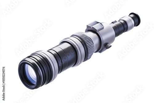 High-quality camera lens isolated on white background with detailed design and structure.