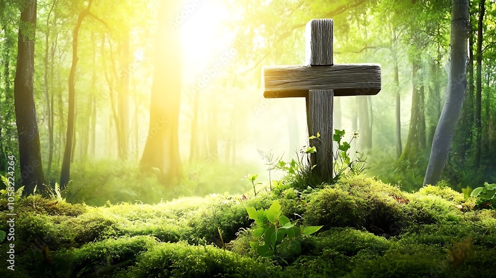 A serene and somber scene of a wooden cross surrounded by lush green moss, set in the heart of a peaceful forest A serene and somber scene of a wooden cross surrounded by lush green moss, set in the heart of a peaceful forest