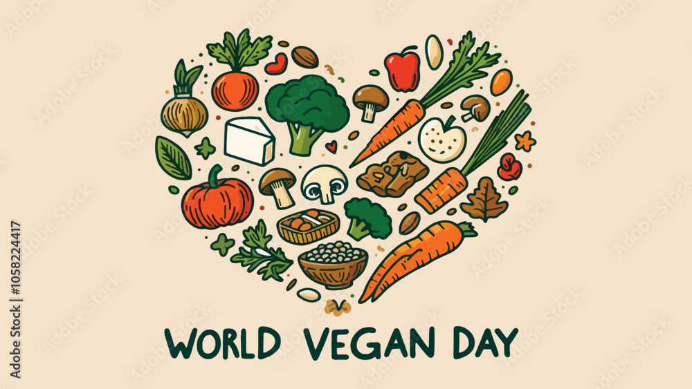 various plant-based foods arranged in the shape of a heart. Items include broccoli, tofu, carrots, mushrooms, nuts, and grains various plant-based foods arranged in the shape of a heart. Items include broccoli, tofu, carrots, mushrooms, nuts, and grains
