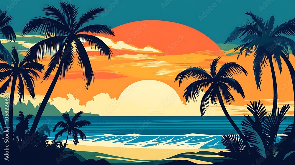 A breathtaking image of a tropical island beach at sunset, with silhouettes of palm trees casting long shadows on the golden sand A breathtaking image of a tropical island beach at sunset, with silhouettes of palm trees casting long shadows on the golden sand