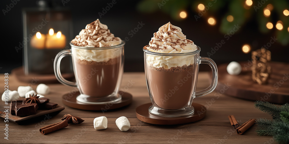 Two mugs of delicious hot chocolate with whipped cream, cinnamon, and marshmallows are creating a cozy christmas atmosphere Two mugs of delicious hot chocolate with whipped cream, cinnamon, and marshmallows are creating a cozy christmas atmosphere
