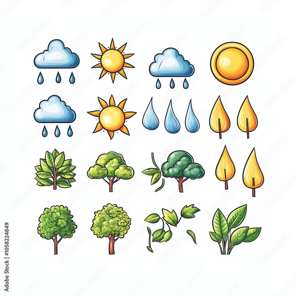 Illustrations of weather elements and plants in vibrant colors on a white isolated background. Illustrations of weather elements and plants in vibrant colors on a white isolated background.
