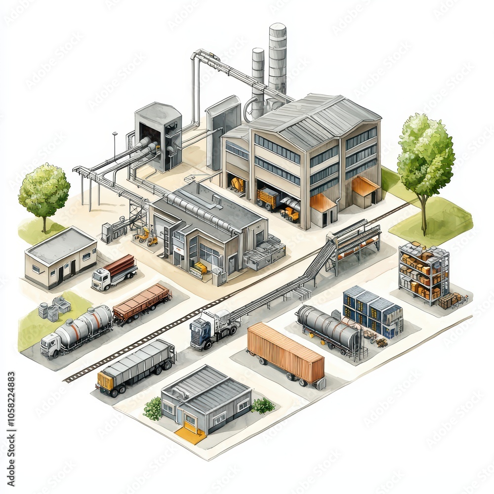 Industrial complex with machinery, trucks, and containers, set against a white isolate background. Industrial complex with machinery, trucks, and containers, set against a white isolate background.