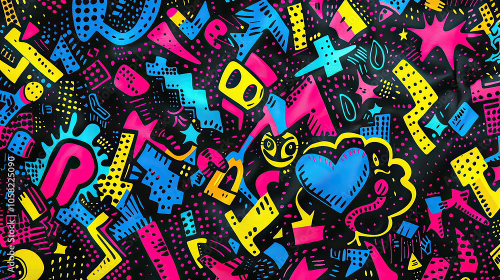 Vibrant Pop Art with Neon Colors and Playful Retro Icons Vibrant Pop Art with Neon Colors and Playful Retro Icons