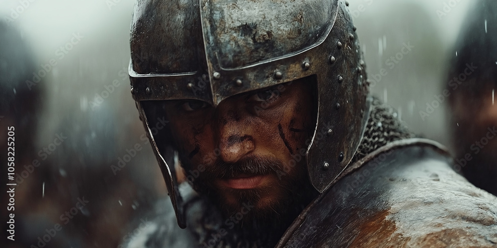Medieval warrior wearing helmet and chainmail getting ready for battle in the rain Medieval warrior wearing helmet and chainmail getting ready for battle in the rain