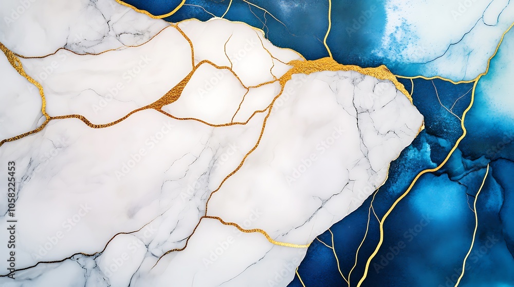 Fototapeta premium White and blue cracked marble texture with intricate golden veins running through, creating a captivating and luxurious abstract background