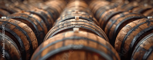 Aging Whiskey and Spirits in Wooden Barrels in a Dark Cellar photo