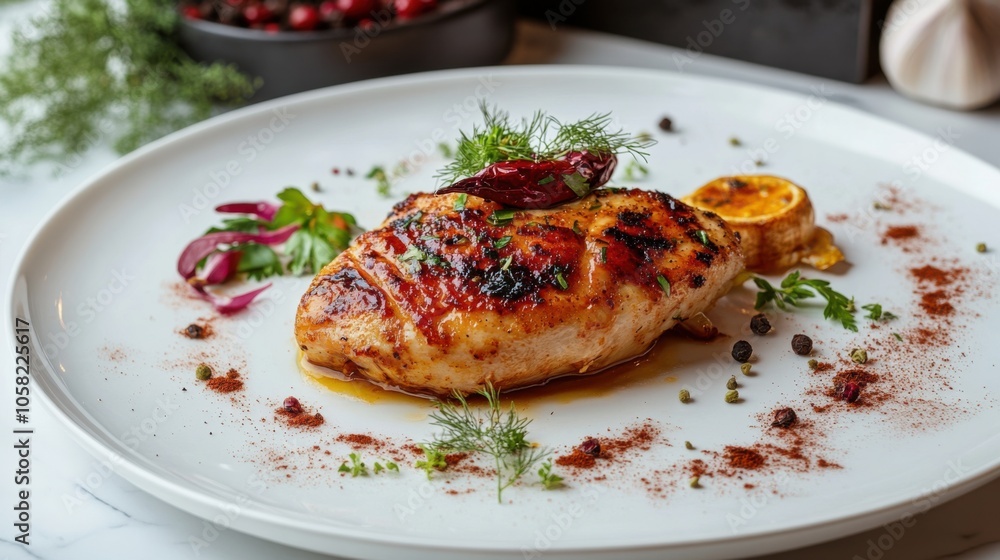 A gourmet garlic butter chicken dish on a spotless white plate, A gourmet garlic butter chicken dish on a spotless white plate,