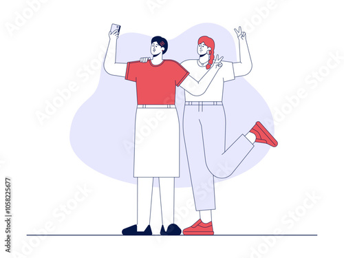 Two girl taking a photo together. Friendship illustration. Flat vector illustration.