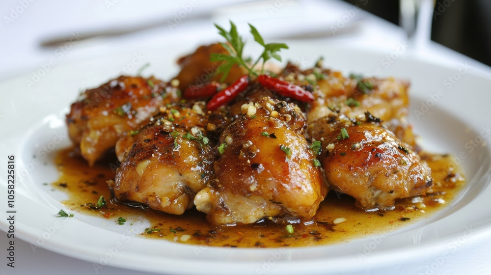 A gourmet presentation of garlic butter chicken on a pristine white plate, A gourmet presentation of garlic butter chicken on a pristine white plate,
