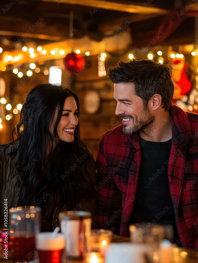 A happy couple gazing at each other with smiles, surrounded by warm Christmas lights, capturing a cozy holiday moment together.

